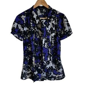 Banana Republic‎ Blouse Tie Neck Abstract Print Short Sleeve Top PS